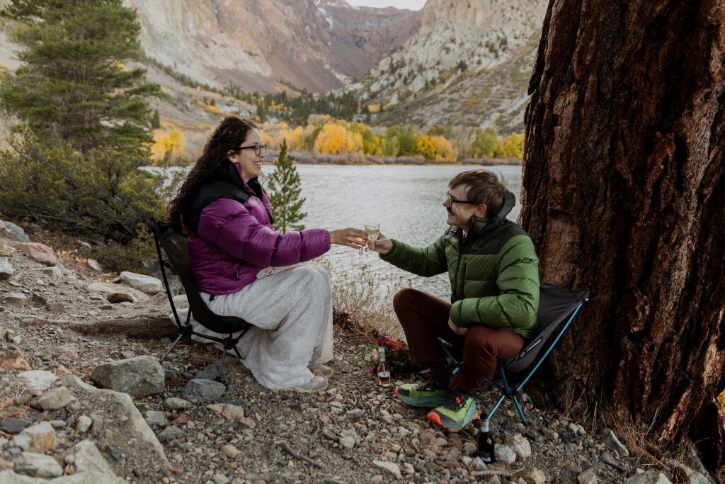 A couple enjoys food on their wedding day in Mammoth Lakes